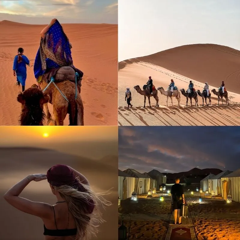 Carovana di cammelli al tramonto nel deserto di Merzouga